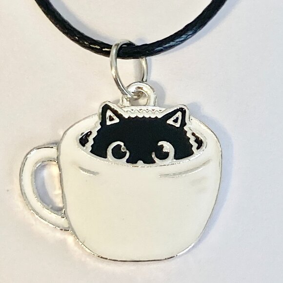 Black Cat Charm Pendant Necklace 16-18" Enamel Coffee Cup Halloween Cat Lady - Picture 2 of 8